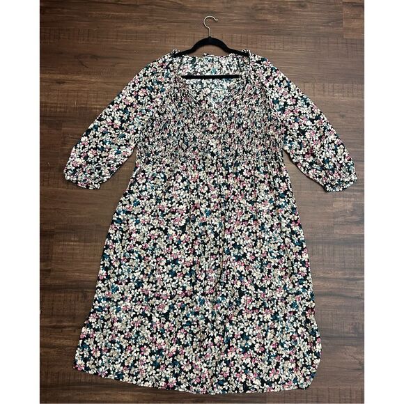 Terra & Sky Dress Multicolor Floral Smocked Midi Side Slits, Sz XL - Picture 1 of 10